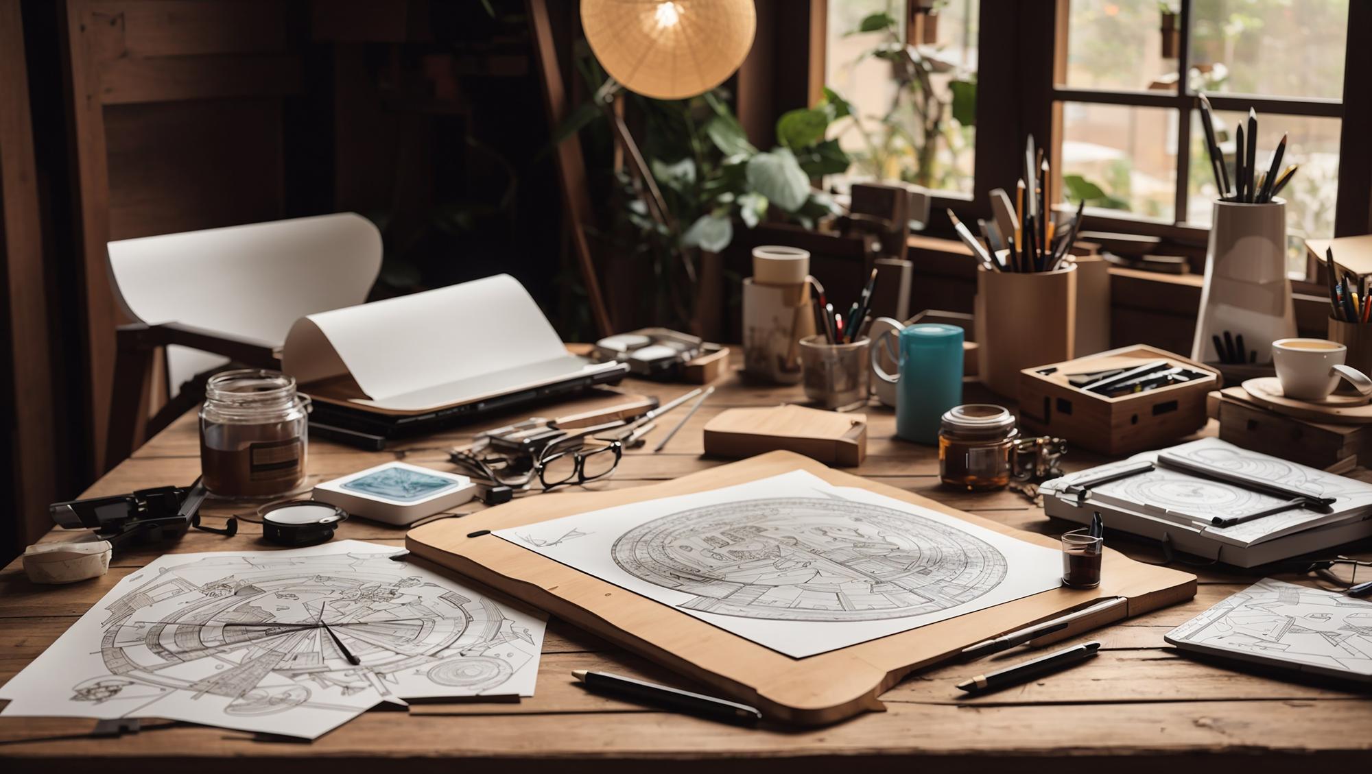 atelier workspace with threads and sketches